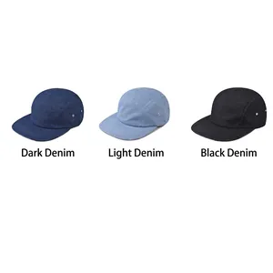 Classic 5-panel denim flat brim hats in dark blue, light blue, and black colors
