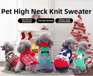 Rear view of five dogs wearing assorted Christmas knit sweaters in a festive room setting