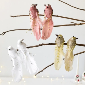 Three pairs of glitter birds with natural feathers and bead chains for Christmas tree decor