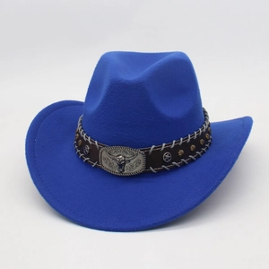 Western Cowboy Hat Retro Felt Wide Brim With Bull Head Buckle Faux Leather Band And Star Rivets Ethnic Vintage Style