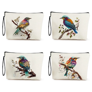 Artistic Bird Print Linen Makeup Bag Zipper Toiletry Pouch Portable Cosmetic Storage Travel Handbag With Wristlet Strap