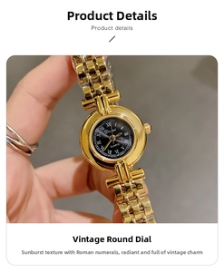 Detailed close-up of a women's vintage quartz watch with black dial and Roman numerals