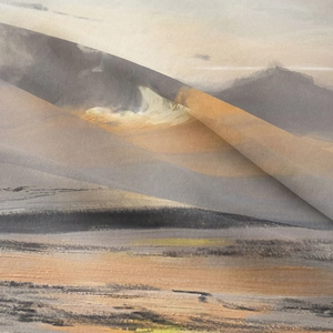 Close-up of bohemian tapestry fabric showing delicate landscape print and silky texture