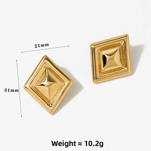 Detailed view of gold geometric diamond earrings with dimensions 21mm by 31mm and 10.2g weight