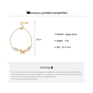 Detail showing 18k gold plated butterfly bracelet with zircon inlay and 26cm adjustable chain