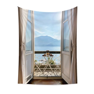 Detail of bohemian tapestry featuring a realistic window sea view with white curtains