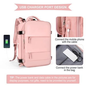 Pink travel backpack featuring a built-in USB charging port and integrated power bank cable