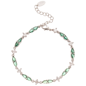 Elegant silver bracelet with marquise green zircons and sparkling square diamonds