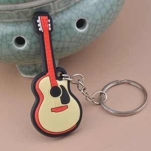 Cartoon guitar shaped PVC soft rubber keychain with silver metal ring and chain