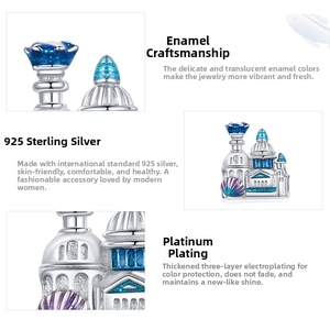 Detailed views of S925 sterling silver dream castle charm with blue enamel coating
