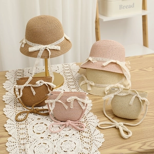 Girls Summer Straw Hat And Crossbody Bag Paper Straw Sun Protection Outdoor Sweet Cute Lace Bow Floral
