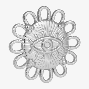 Macro detail of silver stainless steel evil eye sunburst pendant with hollow design