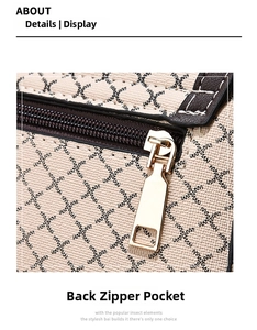 Detail view of the back zipper pocket on the beige geometric patterned crossbody bag