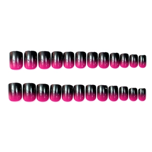 Short square press-on nails with black and fuchsia gradient finish and glossy top coat