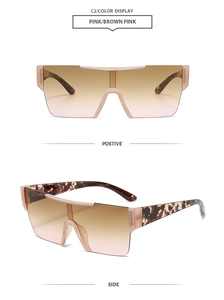 Detail view of pink gradient frameless sunglasses with stylish tortoise shell temples