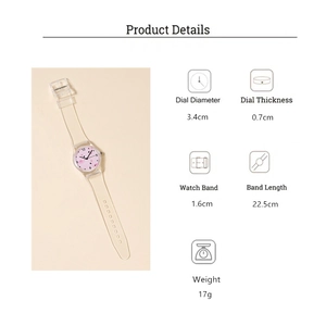 Detaillierte Maße der transparenten Flamingo-Kinderuhr mit rosa Zifferblatt und Armband