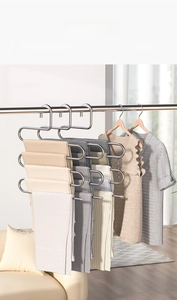 Five-layer S-type stainless steel pants hanger showing multi-tier space-saving closet storage
