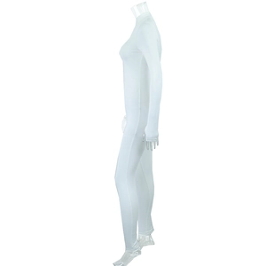 Side view of white high-neck long-sleeve bodysuit on mannequin showing slim fit texture