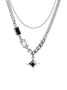Detail of silver double-layer necklace with black square stone and rhombus pendant