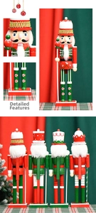 Detail shot of wooden nutcracker soldier with white faux fur beard and gold ornaments