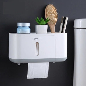 Wall Mounted Toilet Tissue Box Plastic Waterproof Paper Roll Holder With Storage Shelf Bathroom Organizer Punch Free