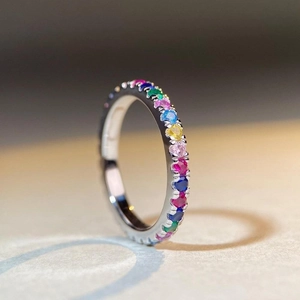 Elegant S925 sterling silver eternity ring with colorful rainbow cubic zirconia stones