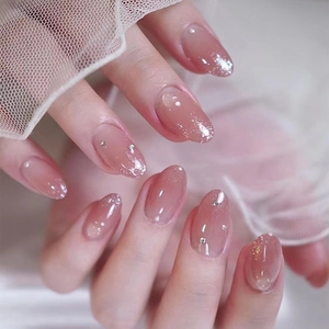 Press On Nails Pink Gradient Glitter Rhinestone Artificial Pearl Decor Glossy Oval Almond Fake Nails Women