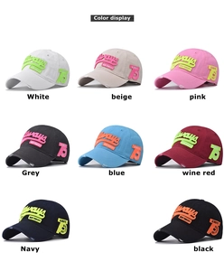 Detail showing various colors of embroidered baseball caps with distressed brim design