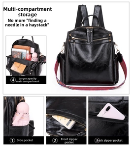 Detailed view of black litchi leather backpack featuring multiple functional storage pockets