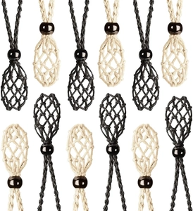 Detail of hand-woven cord necklace pouches in black and beige with adjustable beads