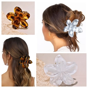 Floral frangipani hair claw clips in tortoise shell and white colors for women hair styling