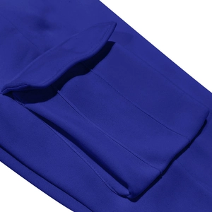 Close-up of pocket flap and fine stitching on a navy blue varsity jacket set