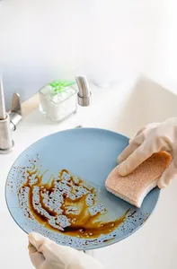 Detail of natural wood fiber sponge removing oil stains from a plate with ease