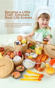 Detailed view of Chinese dim sum play food set with steamers and diverse plastic snacks