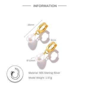 Detailed view of S925 sterling silver hoop with white teardrop pearl showing dimensions