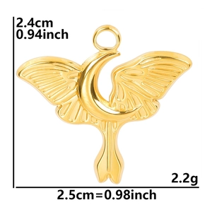 Macro view of 18k gold plated moon and wing charm with measurements 2.4cm by 2.5cm