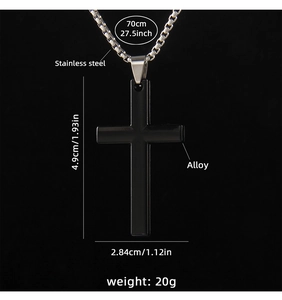Detailed specs of the black cross pendant necklace featuring dimensions and weight info
