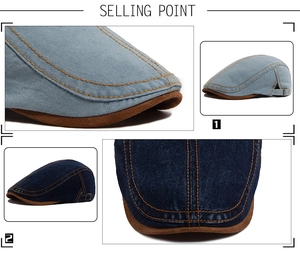 Detail view of denim flat caps with contrast stitching and adjustable metal buckles