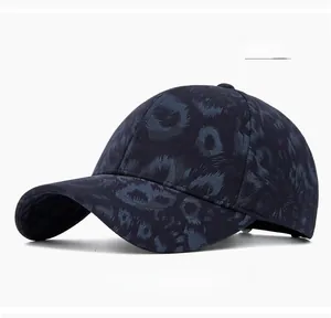 Close-up of navy blue leopard print baseball cap in durable cotton twill fabric