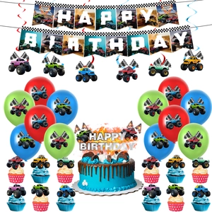Complete monster truck birthday party kit with banner, balloons, and cake toppers