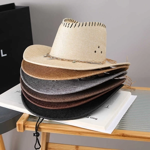 Western Cowboy Straw Hat Metal Star Chain Decor Windproof Adjustable Rope Sun Protection Summer Beach Retro Ethnic Style