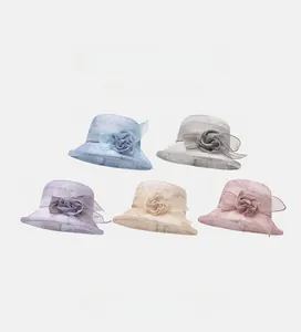Five assorted summer mesh sun hats for women featuring elegant 3D flower and bow details