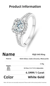 Detailed size chart for 1ct Moissanite S925 silver ring with adjustable US 5-9 fit
