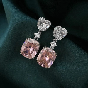 Luxurious Heart Cushion Cut Cubic Zirconia Drop Earrings Copper Dangle Jewelry For Women Elegant Sparkling