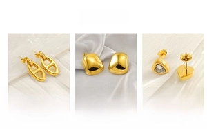 Detailed display of gold stainless steel chain design and heart rhinestone earrings