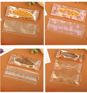 Detailed four-pattern transparent heat seal bags for pastries measuring 15x5.5cm
