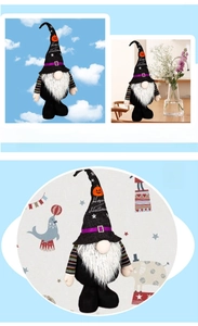 Detail of Halloween gnome plush with Happy Halloween text and striped sleeves