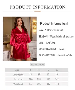 Detailed size chart for the women's satin robe showing S-XL measurements in cm