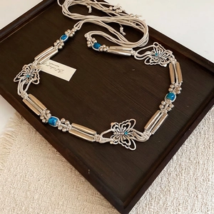 Bohemian handmade braided waist chain with blue turquoise beads and metal butterfly charms