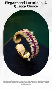 Macro view of adjustable gold ring featuring multi-row micro-set pink and white zircon stones